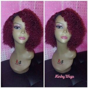 12" Remy Human Bohemian Kinky Curly Burgundy ombre Glueless Human Hair Wig